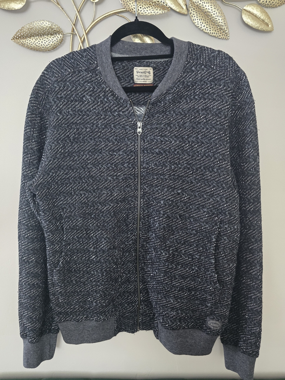 Jack & Jones Vintage Charcoal Gray Zip-Up Knit Bomber Sz XL